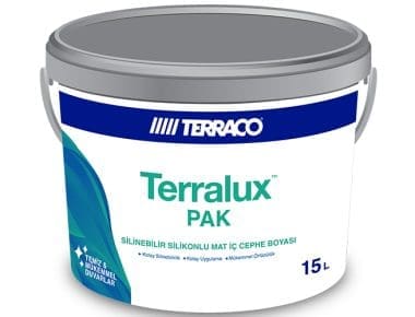 http://Terraco%20Terralux%20PAK,%20yapıların%20iç%20cephe%20duvar%20yüzeylerinde%20kullanılabilen%20silikon%20esaslı,%20silinebilir,%20yüksek%20örtücülük%20gücüne%20sahip,%20kaliteli%20mat%20iç%20cephe%20boyasıdır.