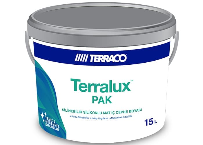 http://Terraco%20Terralux%20PAK,%20yapıların%20iç%20cephe%20duvar%20yüzeylerinde%20kullanılabilen%20silikon%20esaslı,%20silinebilir,%20yüksek%20örtücülük%20gücüne%20sahip,%20kaliteli%20mat%20iç%20cephe%20boyasıdır.